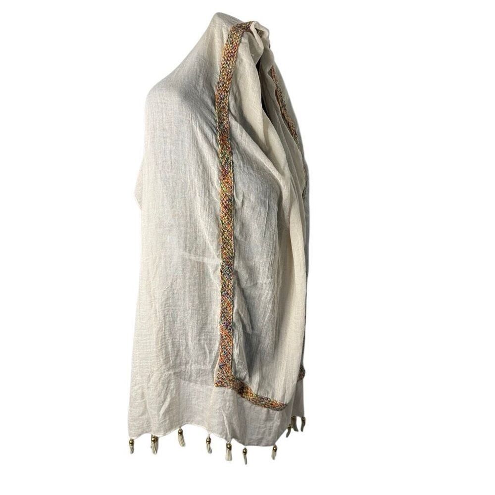 Boho Oversized Ivory Scarf Wrap Multicolor Braided Trim Tassels - Picture 2 of 9